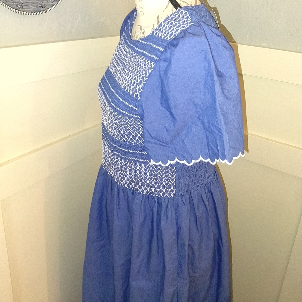NWT Bohme Chambray Smocked Scalloped Sleeves Maxi Dress Sz L - Picture 3 of 5